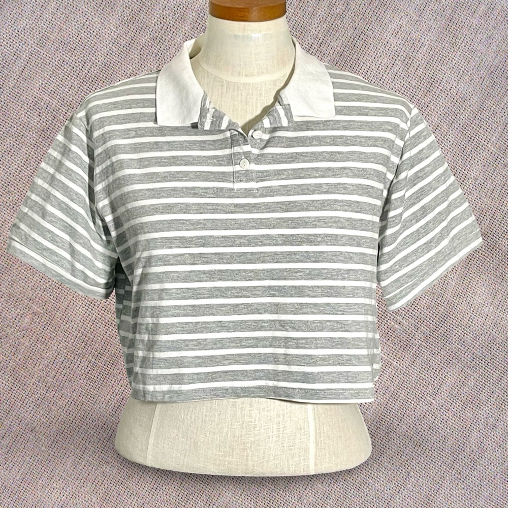 Wild Fable Short Sleeve Cotton Gray and White Striped Pullover Cropped Top SzL
